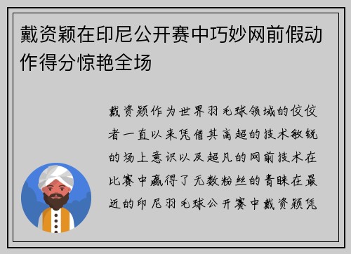 戴资颖在印尼公开赛中巧妙网前假动作得分惊艳全场